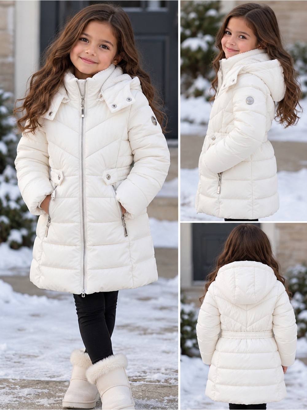 Dkny Cream Quilted Hooded Puffer Coat for Girls